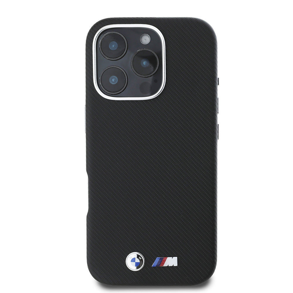 Apple iPhone 16 Pro Kılıf BMW Orjinal Lisanslı Tam Sarılmış Kevlar Tasarımlı Metal Logo Suni Deri Kapak Siyah