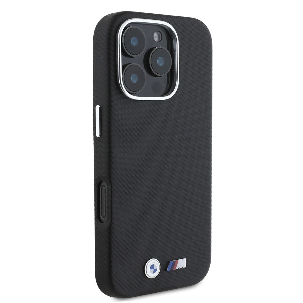 Apple iPhone 16 Pro Kılıf BMW Orjinal Lisanslı Tam Sarılmış Kevlar Tasarımlı Metal Logo Suni Deri Kapak Siyah