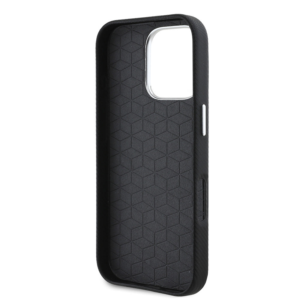 Apple iPhone 16 Pro Kılıf BMW Orjinal Lisanslı Tam Sarılmış Kevlar Tasarımlı Metal Logo Suni Deri Kapak Siyah