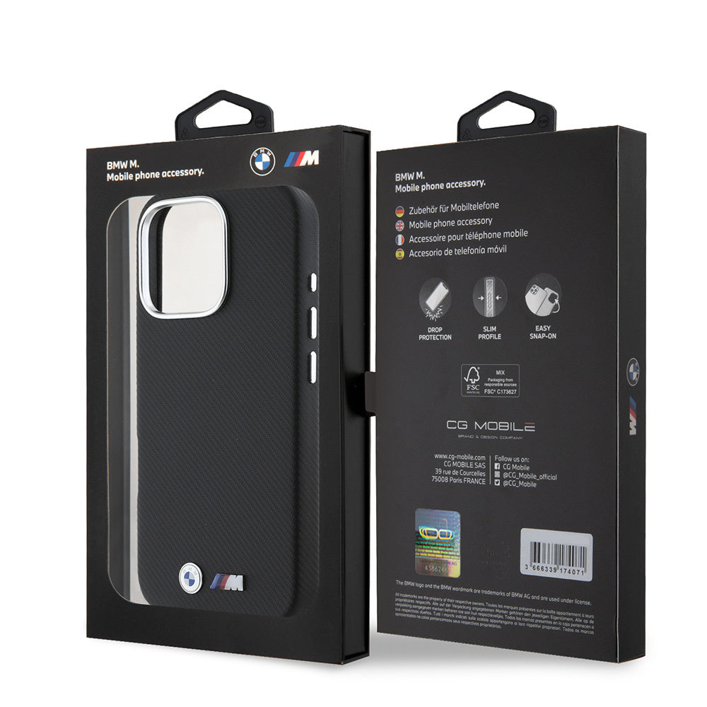 Apple iPhone 16 Pro Kılıf BMW Orjinal Lisanslı Tam Sarılmış Kevlar Tasarımlı Metal Logo Suni Deri Kapak Siyah