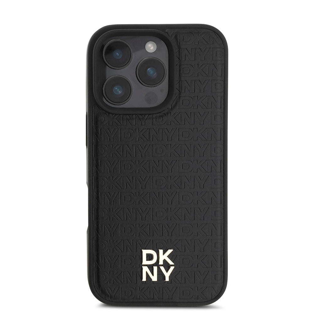 Apple iPhone 16 Pro Kılıf DKNY Orjinal Lisanslı M-safe Şarj Özellikli 3D Yazılı Repeat Pattern Kapak Siyah