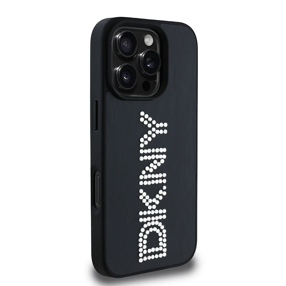 Apple iPhone 16 Pro Kılıf DKNY Orjinal Lisanslı Taşlı DKNY Yazılı Metalik Rhinestones PU Deri Kapak Kahverengi