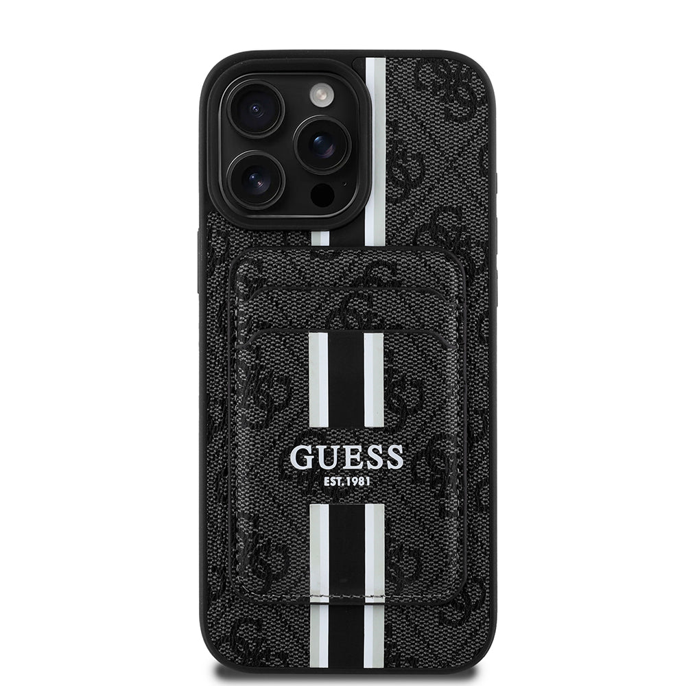 Apple iPhone 16 Pro Kılıf Guess Orjinal Lisanslı M-safe Şarj Özellikli 4G Desenli Çizgili Kartlıklı Kapak Siyah