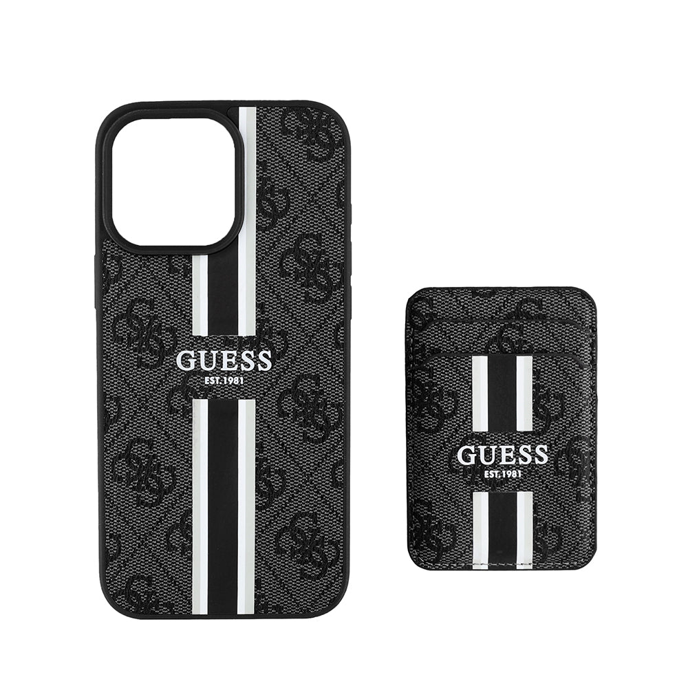 Apple iPhone 16 Pro Kılıf Guess Orjinal Lisanslı M-safe Şarj Özellikli 4G Desenli Çizgili Kartlıklı Kapak Siyah