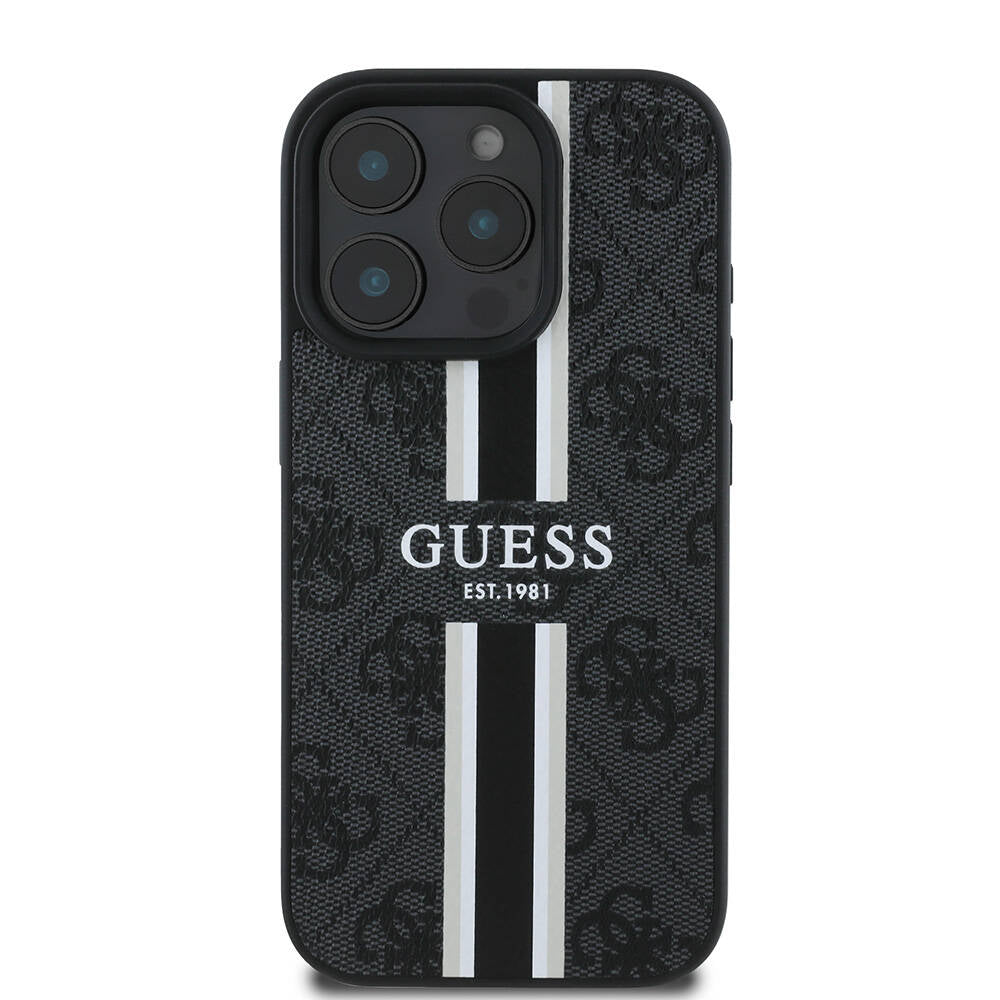 Apple iPhone 16 Pro Kılıf Guess Orjinal Lisanslı M-safe Şarj Özellikli 4G Şerit Tasarımlı Printed Kapak Kahverengi