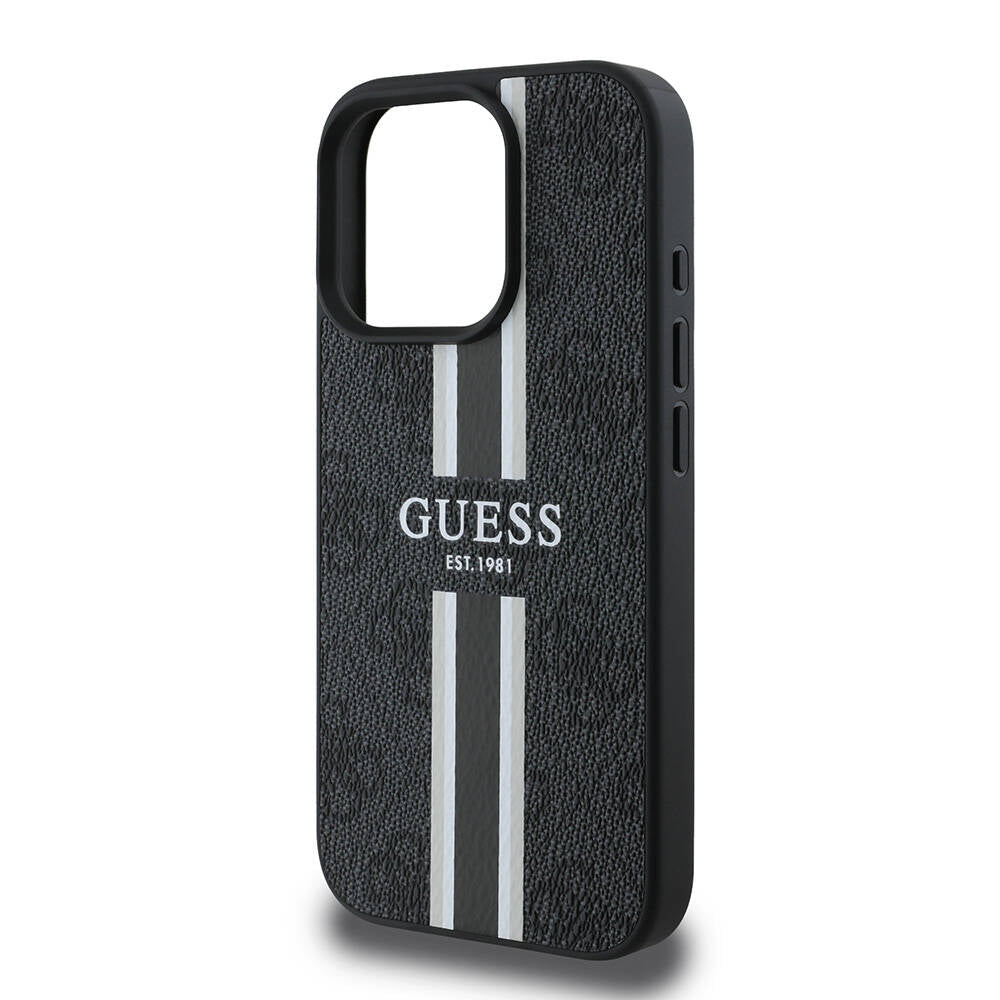 Apple iPhone 16 Pro Kılıf Guess Orjinal Lisanslı M-safe Şarj Özellikli 4G Şerit Tasarımlı Printed Kapak Kahverengi