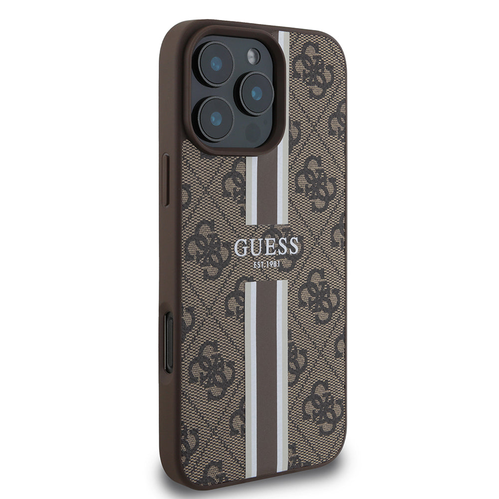 Apple iPhone 16 Pro Kılıf Guess Orjinal Lisanslı M-safe Şarj Özellikli 4G Şerit Tasarımlı Printed Kapak Kahverengi