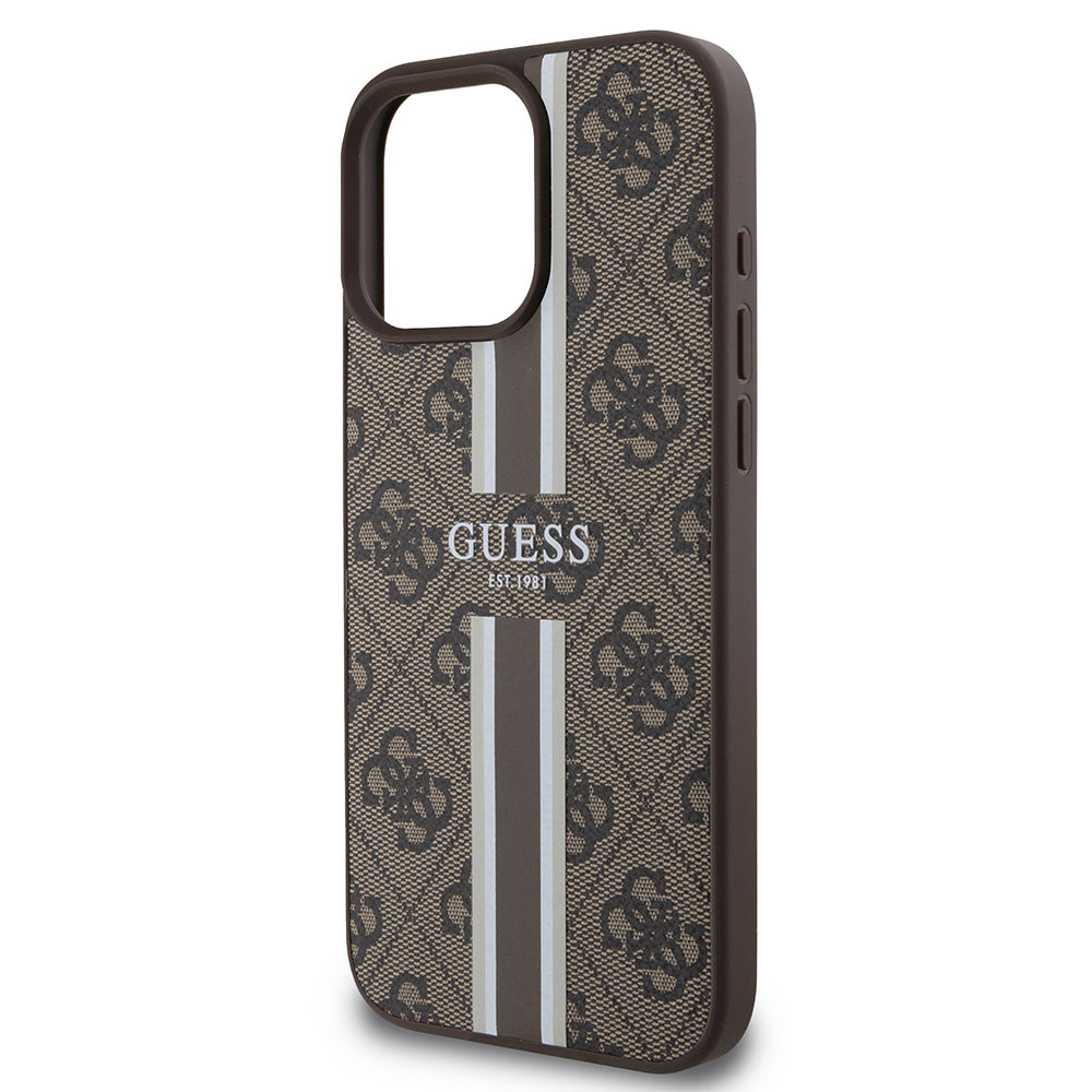 Apple iPhone 16 Pro Kılıf Guess Orjinal Lisanslı M-safe Şarj Özellikli 4G Şerit Tasarımlı Printed Kapak Siyah