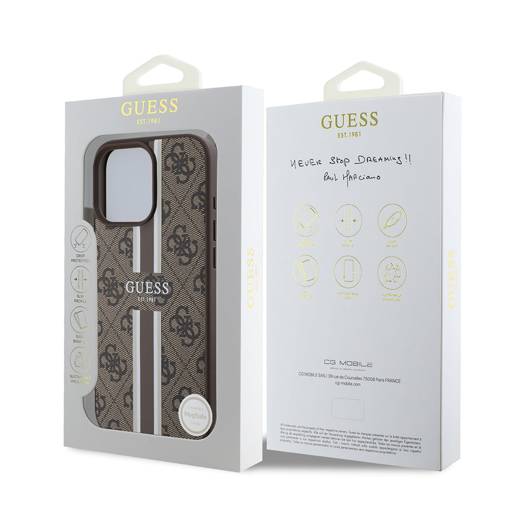 Apple iPhone 16 Pro Kılıf Guess Orjinal Lisanslı M-safe Şarj Özellikli 4G Şerit Tasarımlı Printed Kapak Kahverengi