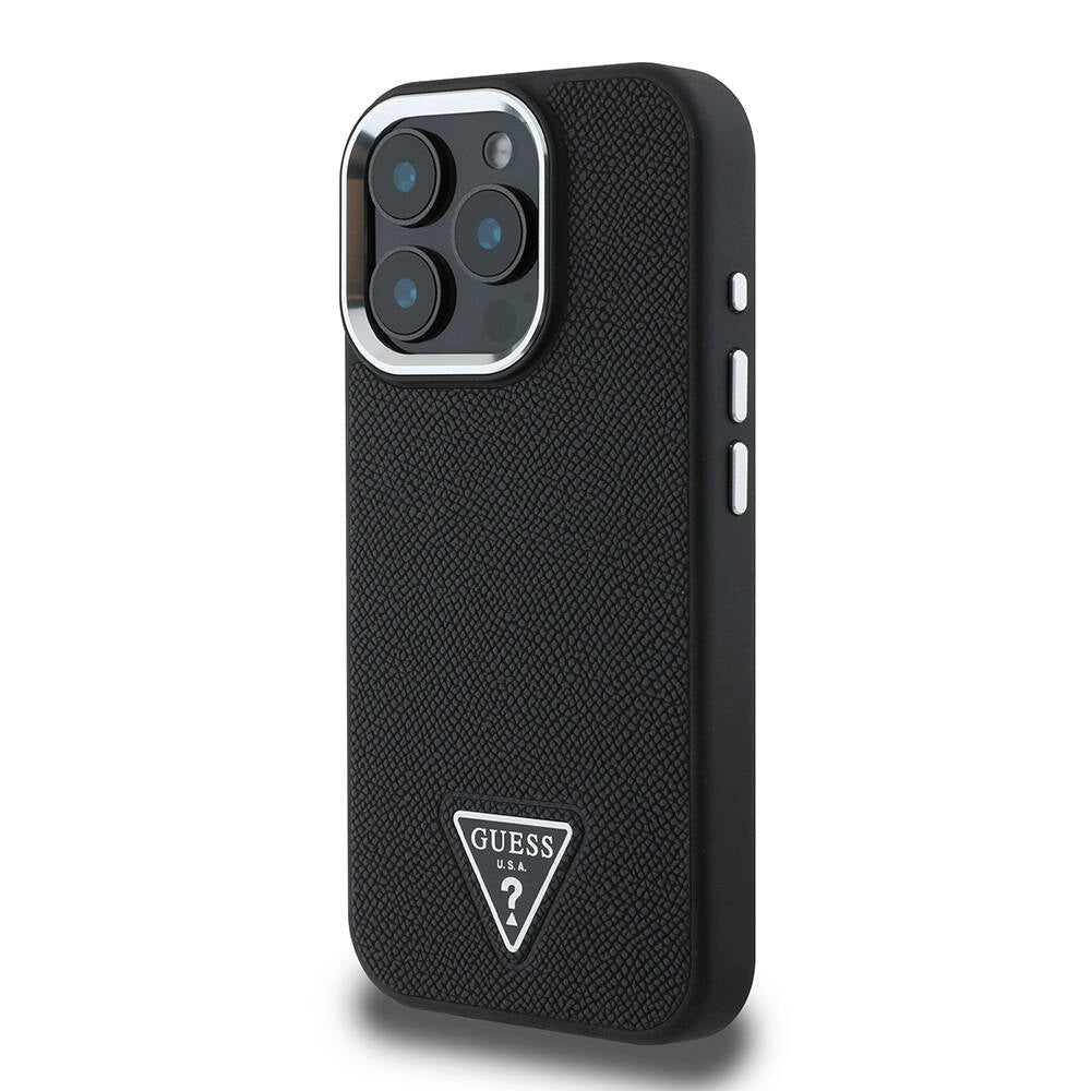 Apple iPhone 16 Pro Kılıf Guess Orjinal Lisanslı M-safe Şarj Özellikli Grained Triangle Kapak Kahverengi