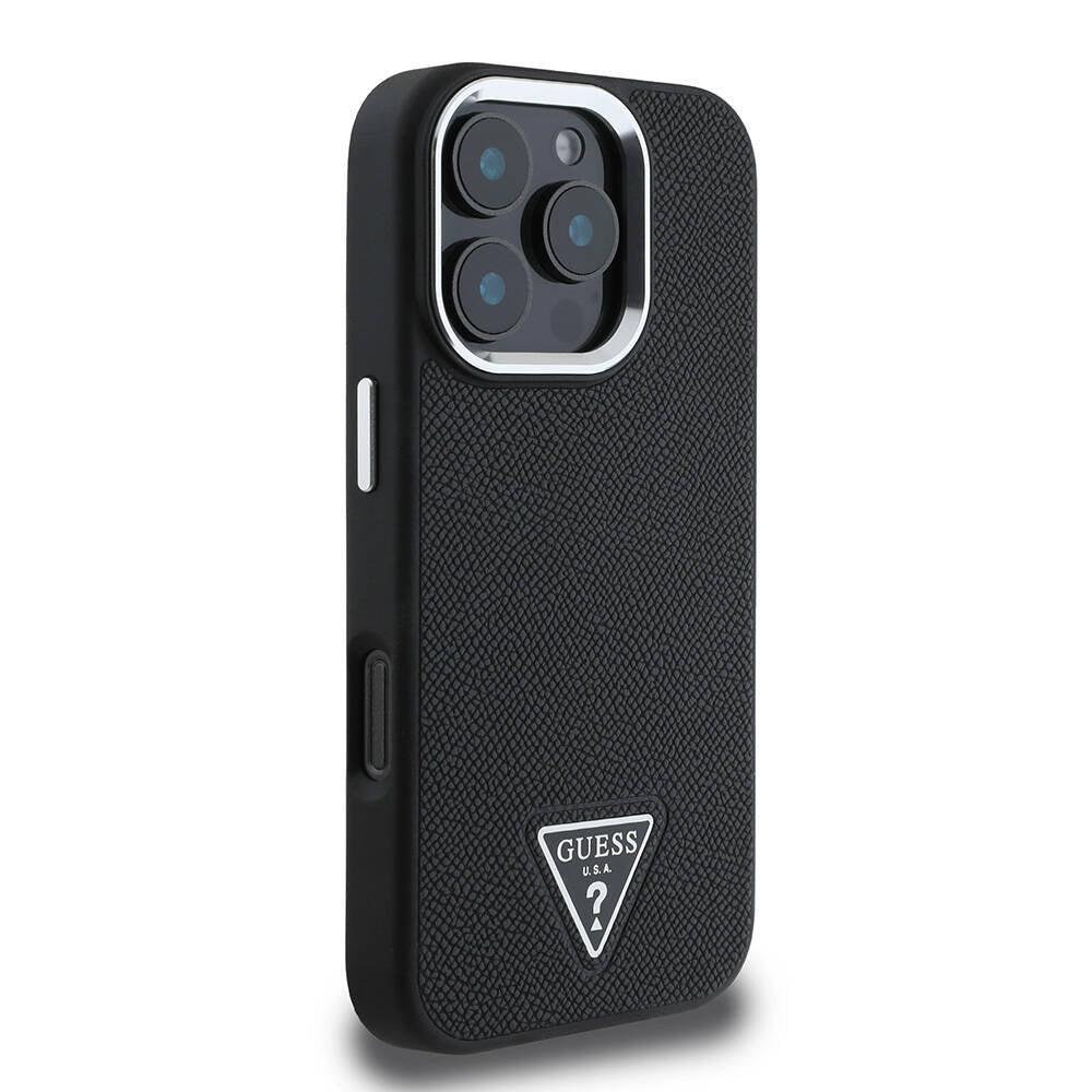 Apple iPhone 16 Pro Kılıf Guess Orjinal Lisanslı M-safe Şarj Özellikli Grained Triangle Kapak Kahverengi