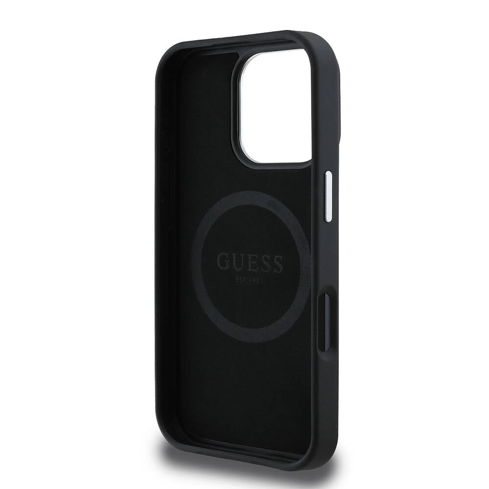 Apple iPhone 16 Pro Kılıf Guess Orjinal Lisanslı M-safe Şarj Özellikli Grained Triangle Kapak Kahverengi