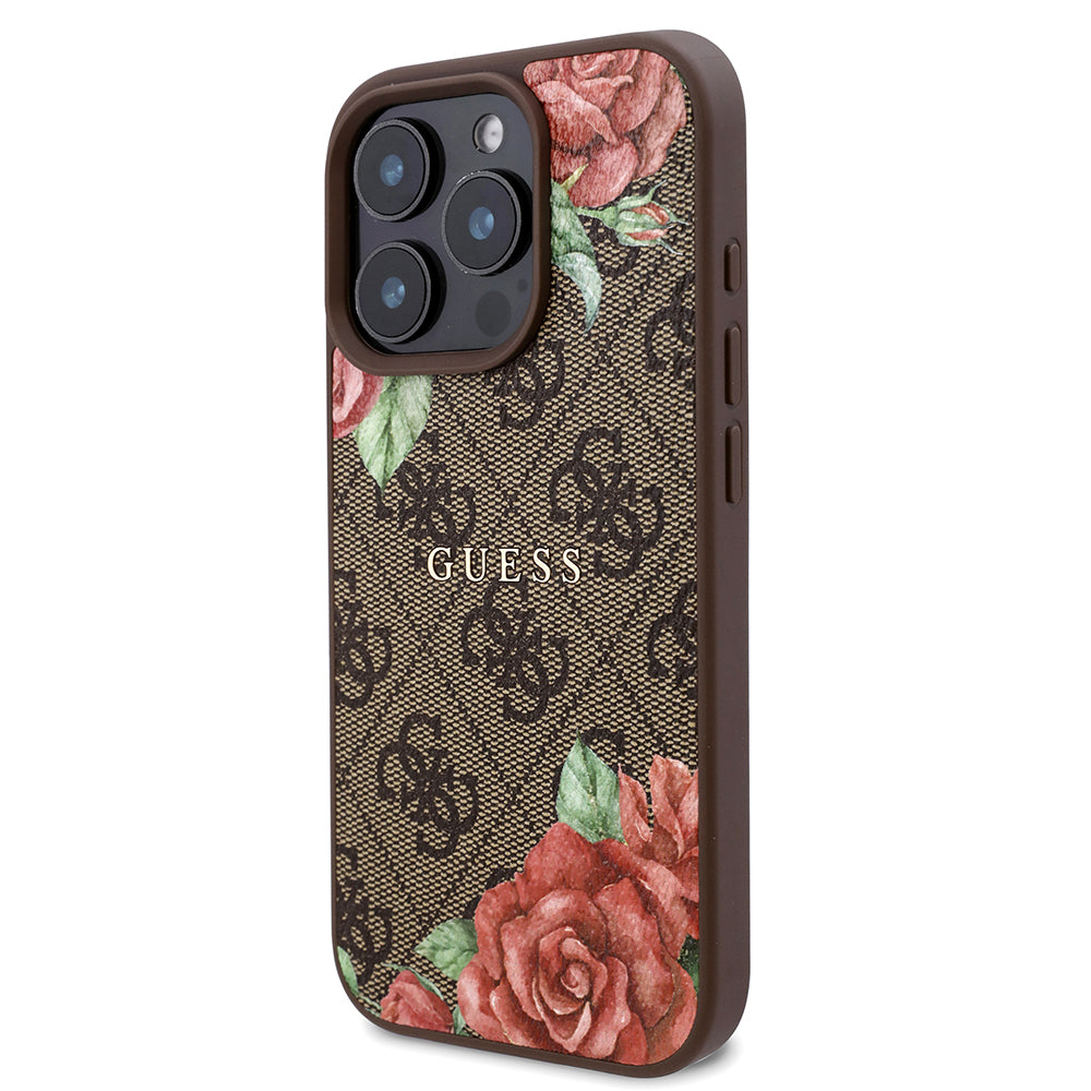 Apple iPhone 16 Pro Kılıf Guess Orjinal Lisanslı M-safe Şarj Özellikli Gül Baskılı 4G Desenli Yazı Logolu Kapak Siyah