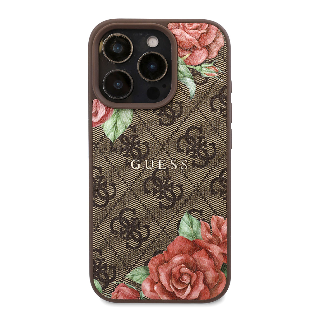 Apple iPhone 16 Pro Kılıf Guess Orjinal Lisanslı M-safe Şarj Özellikli Gül Baskılı 4G Desenli Yazı Logolu Kapak Siyah