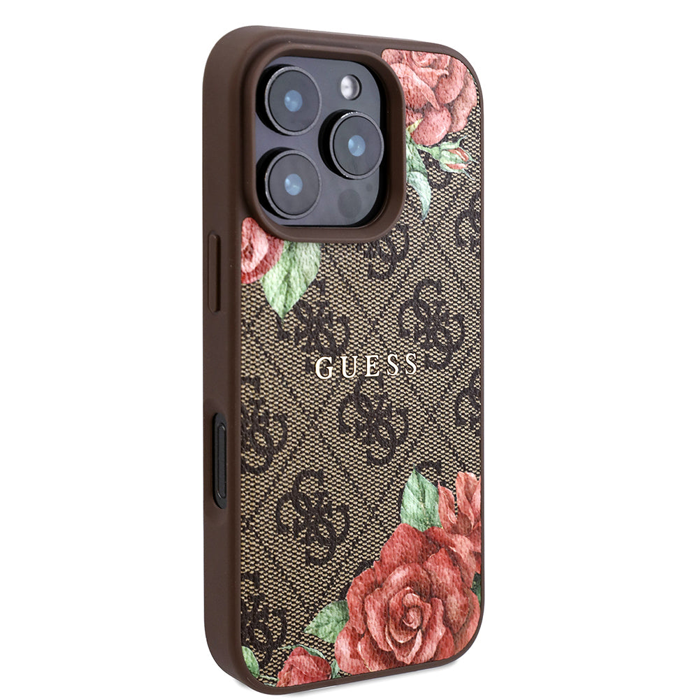 Apple iPhone 16 Pro Kılıf Guess Orjinal Lisanslı M-safe Şarj Özellikli Gül Baskılı 4G Desenli Yazı Logolu Kapak Siyah