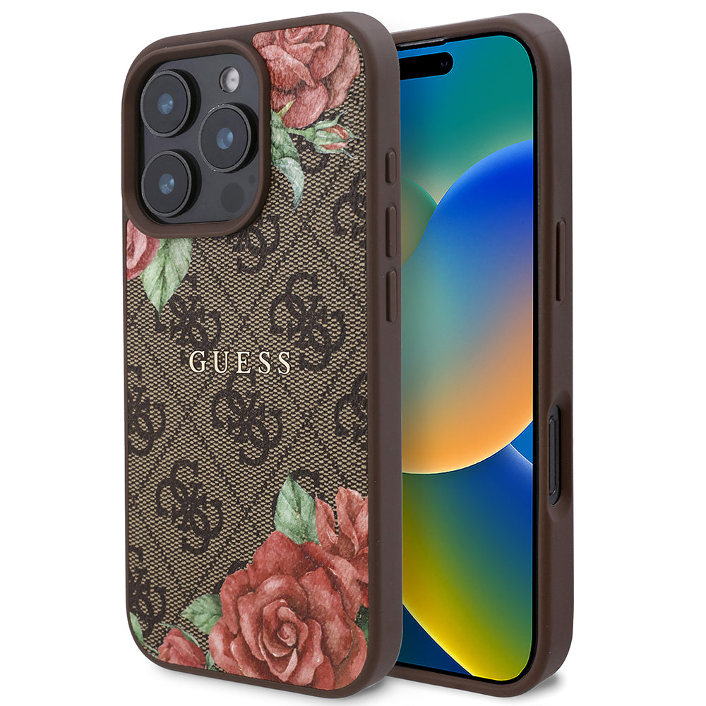 Apple iPhone 16 Pro Kılıf Guess Orjinal Lisanslı M-safe Şarj Özellikli Gül Baskılı 4G Desenli Yazı Logolu Kapak Kahverengi