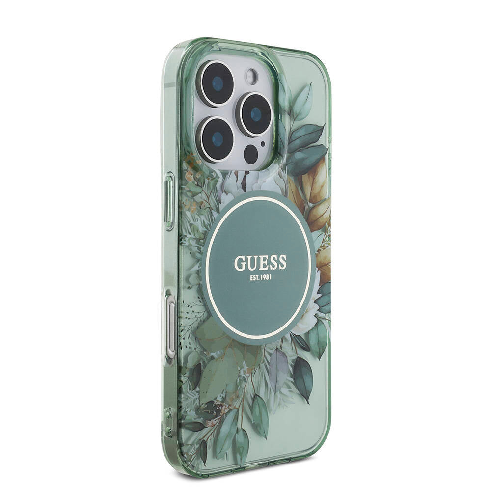 Apple iPhone 16 Pro Kılıf Guess Orjinal Lisanslı M-safe Şarj Özellikli IML Baskılı Çiçek İnci Bileklikli Kapak Yeşil
