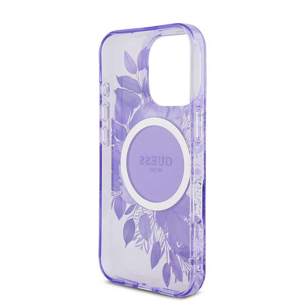 Apple iPhone 16 Pro Kılıf Guess Orjinal Lisanslı M-safe Şarj Özellikli IML Baskılı Çiçek İnci Bileklikli Kapak Pembe