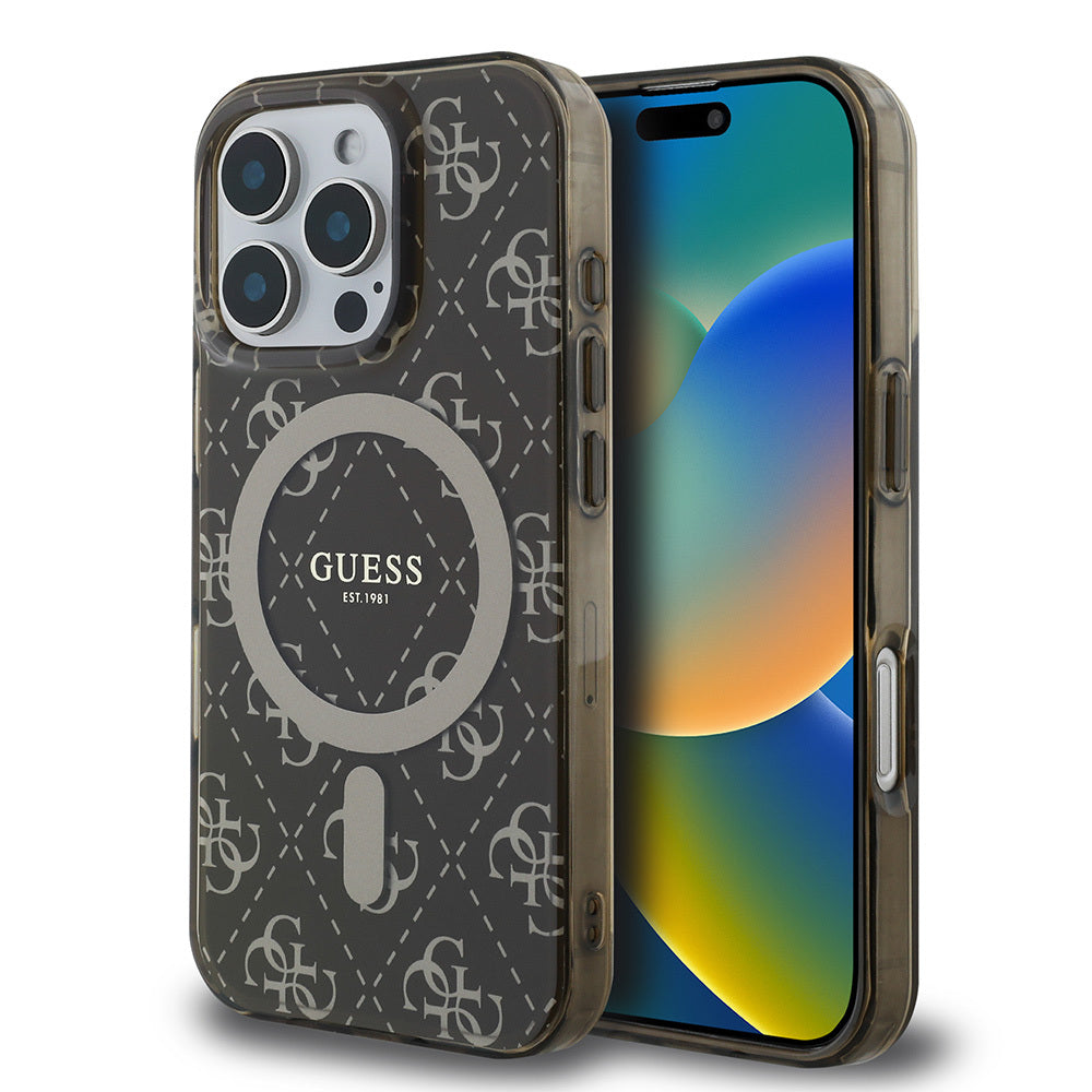 Apple iPhone 16 Pro Kılıf Guess Orjinal Lisanslı M-safe Şarj Özellikli IML Baskılı Klasik Logolu 4G Desenli Kapak Pembe