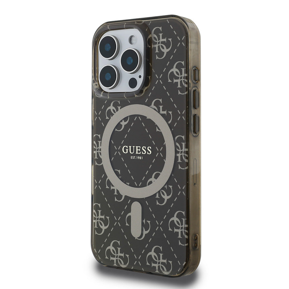 Apple iPhone 16 Pro Kılıf Guess Orjinal Lisanslı M-safe Şarj Özellikli IML Baskılı Klasik Logolu 4G Desenli Kapak Kahverengi