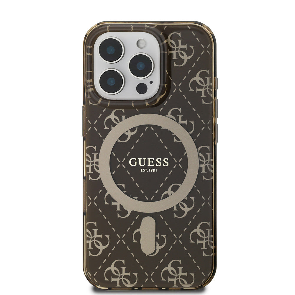 Apple iPhone 16 Pro Kılıf Guess Orjinal Lisanslı M-safe Şarj Özellikli IML Baskılı Klasik Logolu 4G Desenli Kapak Pembe