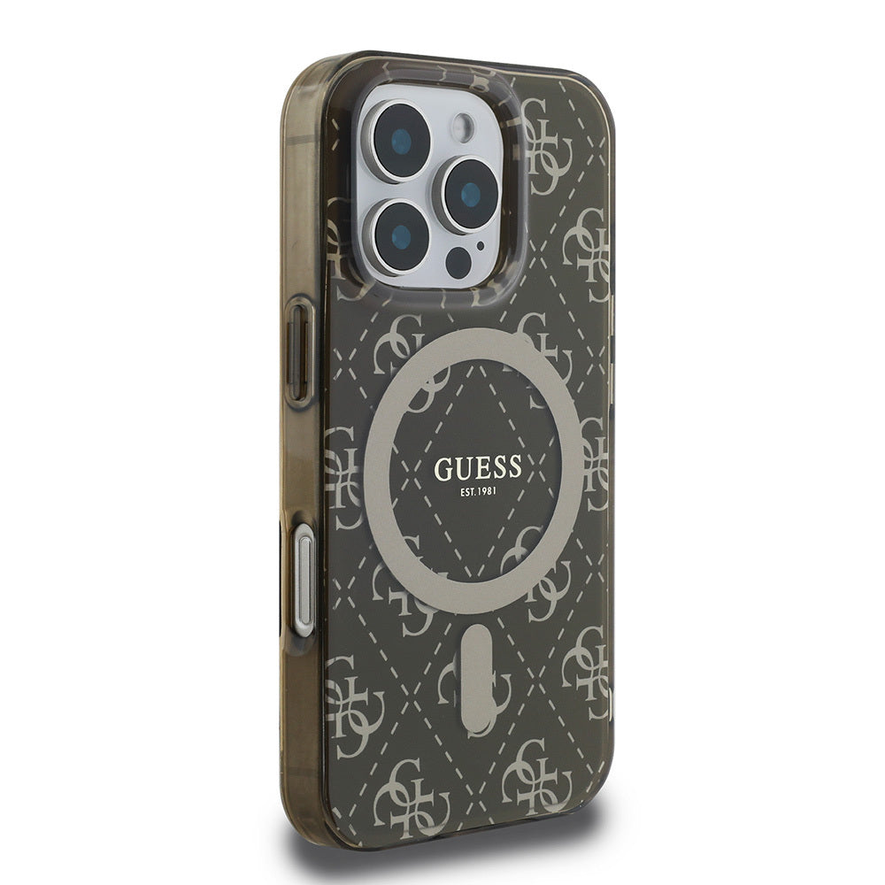 Apple iPhone 16 Pro Kılıf Guess Orjinal Lisanslı M-safe Şarj Özellikli IML Baskılı Klasik Logolu 4G Desenli Kapak Pembe