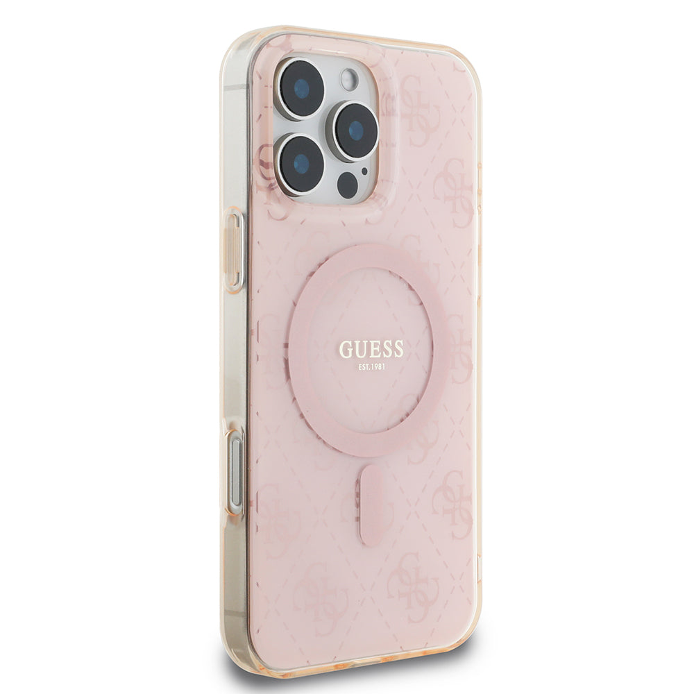 Apple iPhone 16 Pro Kılıf Guess Orjinal Lisanslı M-safe Şarj Özellikli IML Baskılı Klasik Logolu 4G Desenli Kapak Pembe