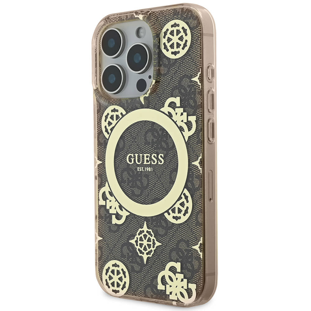 Apple iPhone 16 Pro Kılıf Guess Orjinal Lisanslı M-safe Şarj Özellikli IML Peony ve 4G Desenli Klasik Logolu Kapak Pembe