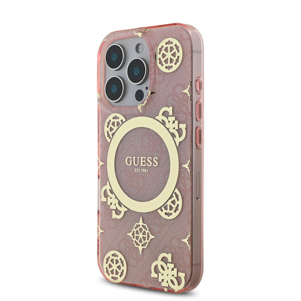 Apple iPhone 16 Pro Kılıf Guess Orjinal Lisanslı M-safe Şarj Özellikli IML Peony ve 4G Desenli Klasik Logolu Kapak Pembe