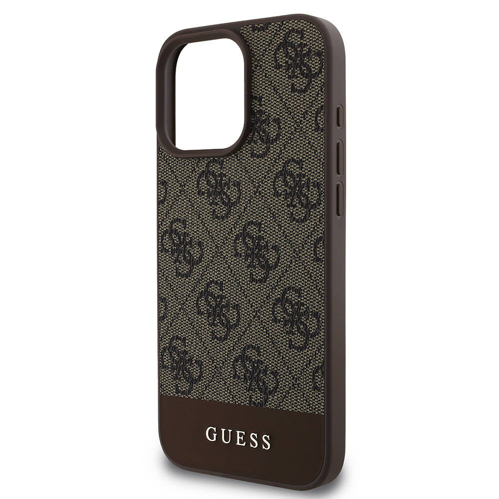Apple iPhone 16 Pro Kılıf Guess Orjinal Lisanslı M-safe Şarj Özellikli PU Deri Şerit Logo Dizaynlı Kapak Kahverengi