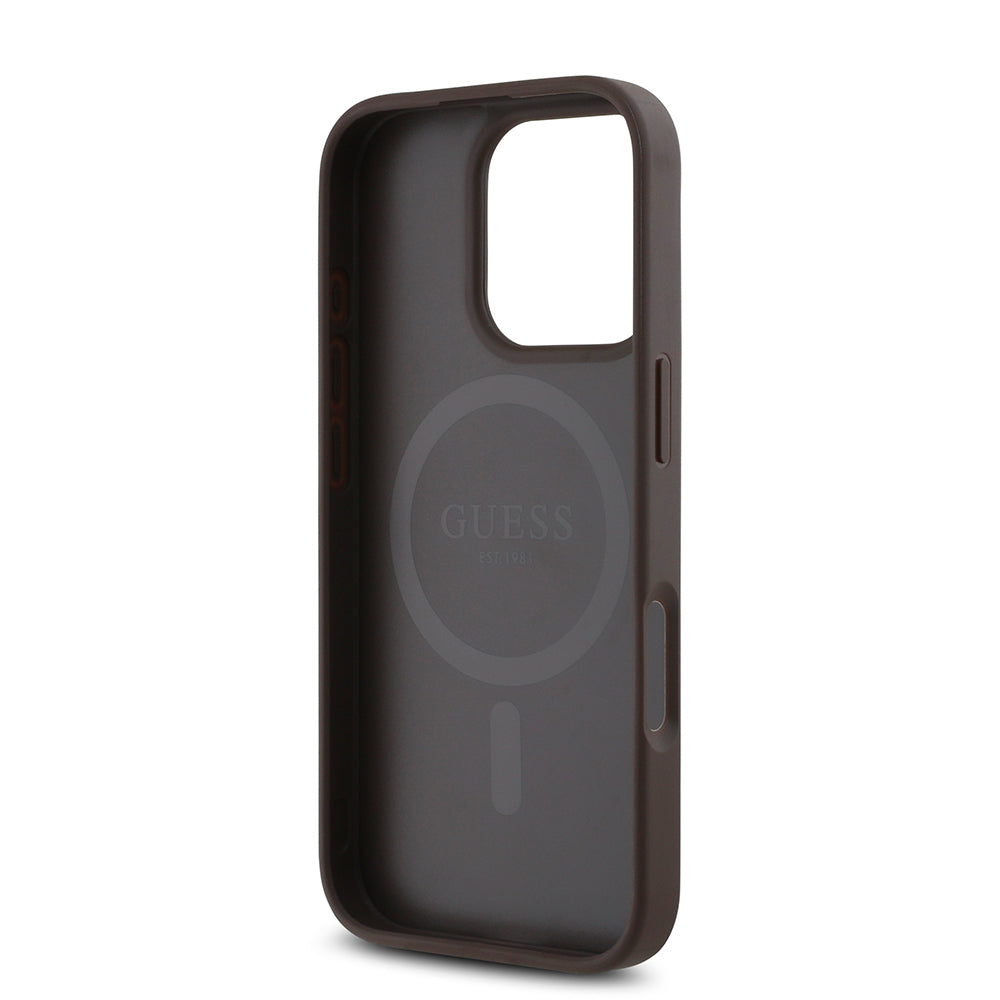 Apple iPhone 16 Pro Kılıf Guess Orjinal Lisanslı M-safe Şarj Özellikli PU Üçgen Logo 4G Desenli Kapak Siyah