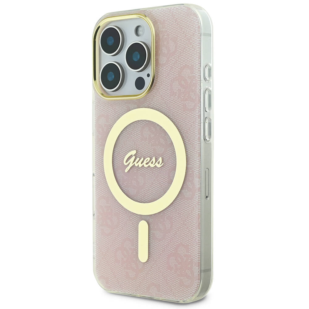 Apple iPhone 16 Pro Kılıf Guess Orjinal Lisanslı M-safe Şarj Özellikli Yazı Logolu 4G Desenli Kapak Pembe