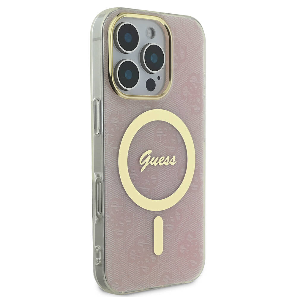 Apple iPhone 16 Pro Kılıf Guess Orjinal Lisanslı M-safe Şarj Özellikli Yazı Logolu 4G Desenli Kapak Kahverengi