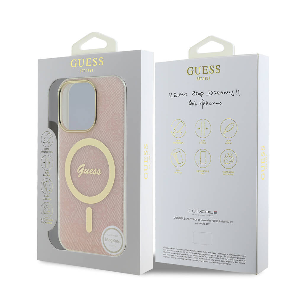 Apple iPhone 16 Pro Kılıf Guess Orjinal Lisanslı M-safe Şarj Özellikli Yazı Logolu 4G Desenli Kapak Kahverengi
