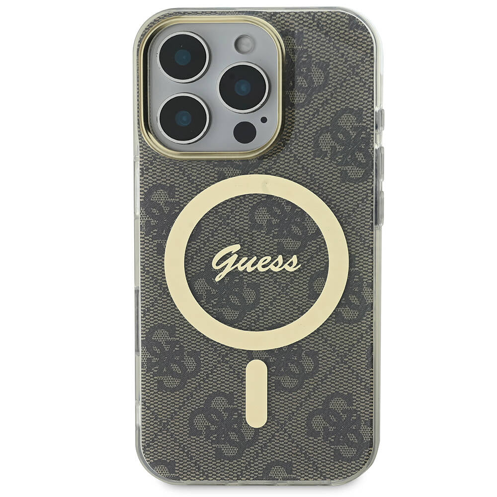 Apple iPhone 16 Pro Kılıf Guess Orjinal Lisanslı M-safe Şarj Özellikli Yazı Logolu 4G Desenli Kapak Kahverengi