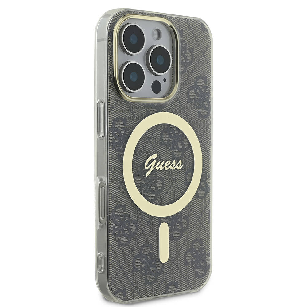 Apple iPhone 16 Pro Kılıf Guess Orjinal Lisanslı M-safe Şarj Özellikli Yazı Logolu 4G Desenli Kapak Kahverengi