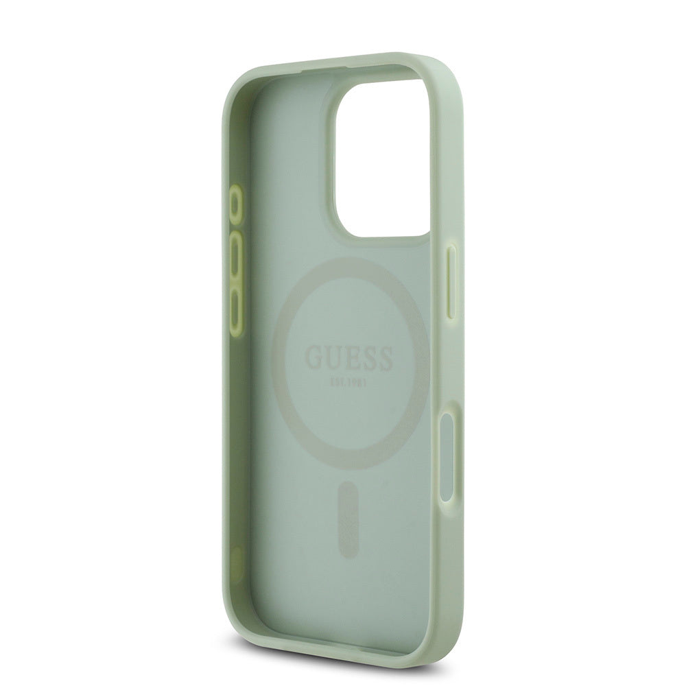 Apple iPhone 16 Pro Kılıf Guess Orjinal Lisanslı M-safe Şarj Özellikli Yazı Logolu Grained Kapak Pembe