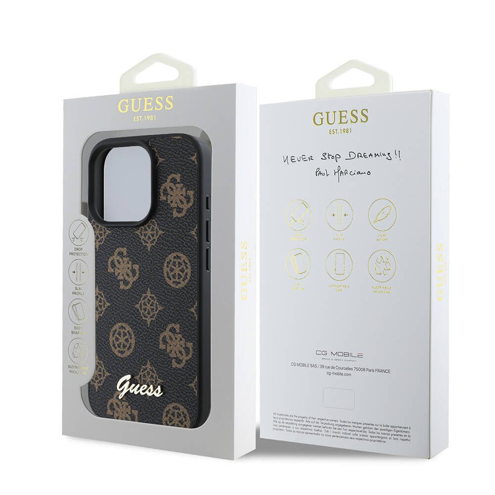 Apple iPhone 16 Pro Kılıf Guess Orjinal Lisanslı M-safe Şarj Özellikli Yazı Logolu Peony Kapak Kahverengi