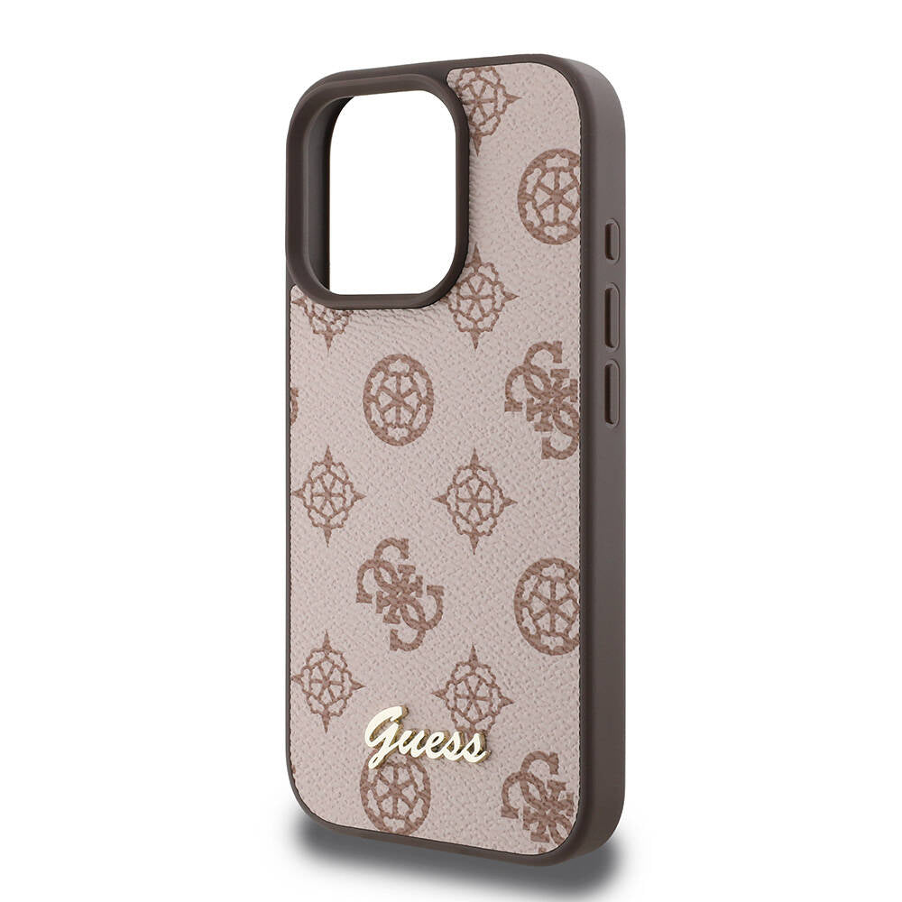 Apple iPhone 16 Pro Kılıf Guess Orjinal Lisanslı M-safe Şarj Özellikli Yazı Logolu Peony Kapak Kahverengi