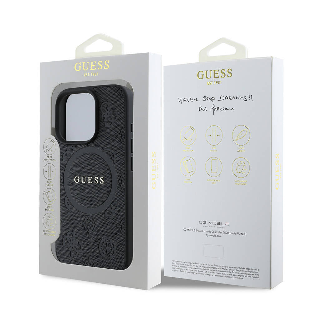 Apple iPhone 16 Pro Kılıf Guess Orjinal Lisanslı M-safe Şarj Özellikli Yazı Logolu Saffiano Peony Kapak Siyah