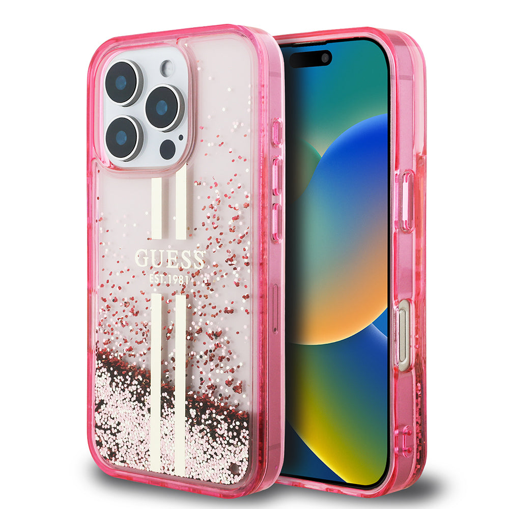 Apple iPhone 16 Pro Kılıf Guess Orjinal Lisanslı Transparan Sıvılı Simli Altın Çizgili Kapak