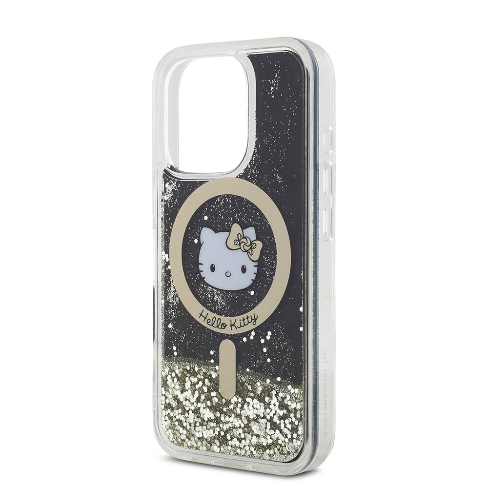 Apple iPhone 16 Pro Kılıf Hello Kitty Orjinal Lisanslı M-safe Şarj Özellikli IML Baskı Kitty Head Logolu Sıvılı Simli Altın Ateşi Kapak Siyah