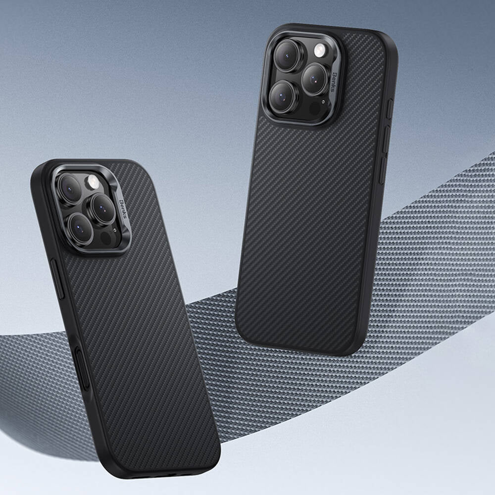 Apple iPhone 16 Pro Kılıf Karbon Fiber M-safe Şarj Özellikli Benks Hybrid ArmorPro 600D Kevlar Kapak Siyah
