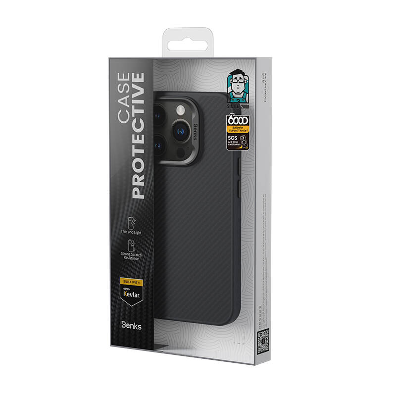 Apple iPhone 16 Pro Kılıf Karbon Fiber M-safe Şarj Özellikli Benks Hybrid ArmorPro 600D Kevlar Kapak Siyah