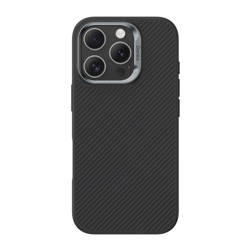 Apple iPhone 16 Pro Kılıf Karbon Fiber M-safe Şarj Özellikli Benks Hybrid ArmorPro 600D Kevlar Kapak Siyah