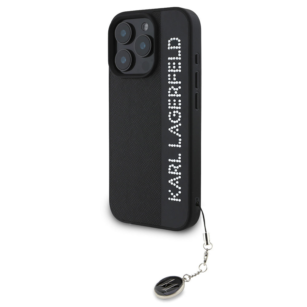 Apple iPhone 16 Pro Kılıf Karl Lagerfeld Orjinal Lisanslı Anahtarlıklı Taşlı KL Yazılı Saffiano Rhinestones Kapak Siyah