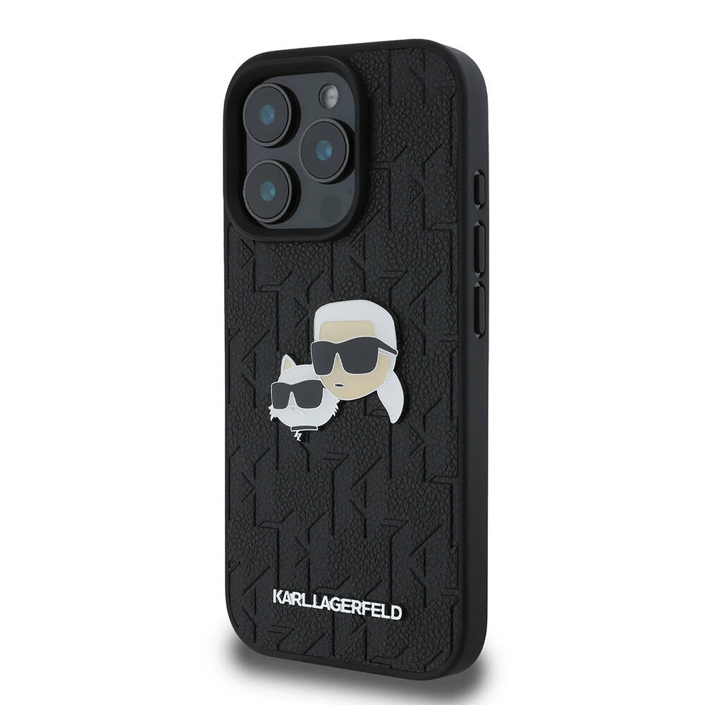 Apple iPhone 16 Pro Kılıf Karl Lagerfeld Orjinal Lisanslı K&C Heads Monogram Pin Kapak Siyah