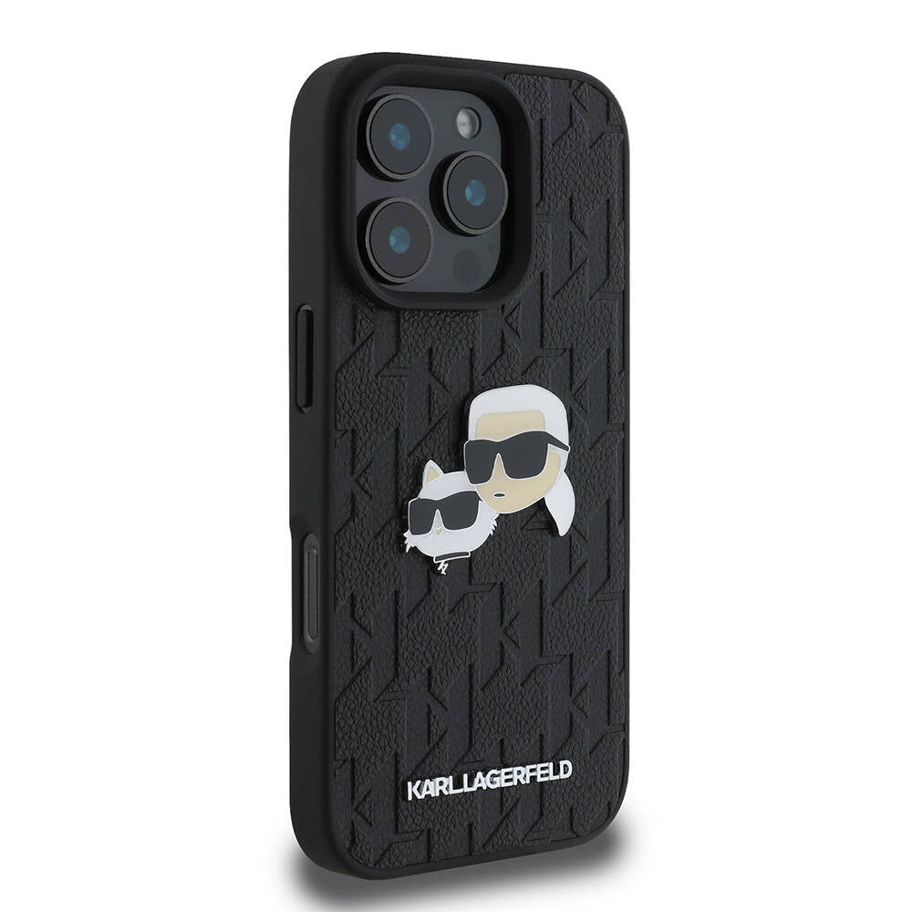 Apple iPhone 16 Pro Kılıf Karl Lagerfeld Orjinal Lisanslı K&C Heads Monogram Pin Kapak Siyah