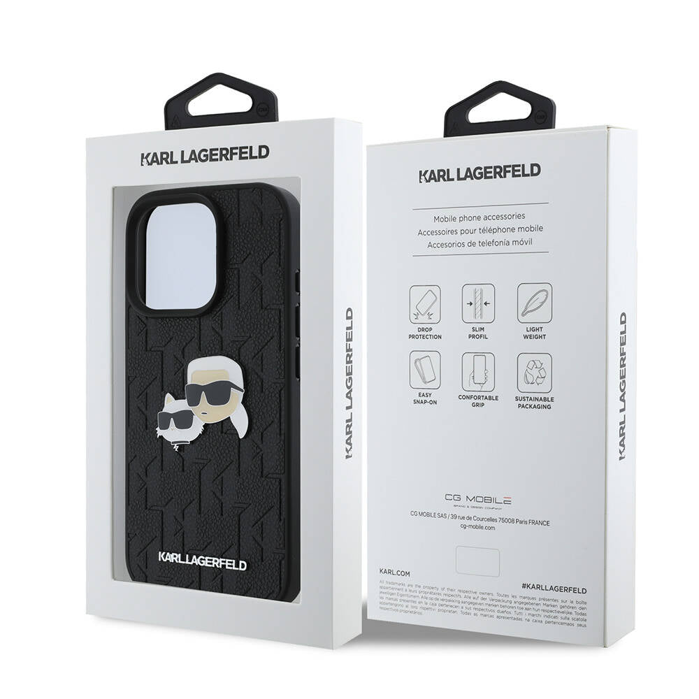 Apple iPhone 16 Pro Kılıf Karl Lagerfeld Orjinal Lisanslı K&C Heads Monogram Pin Kapak Siyah