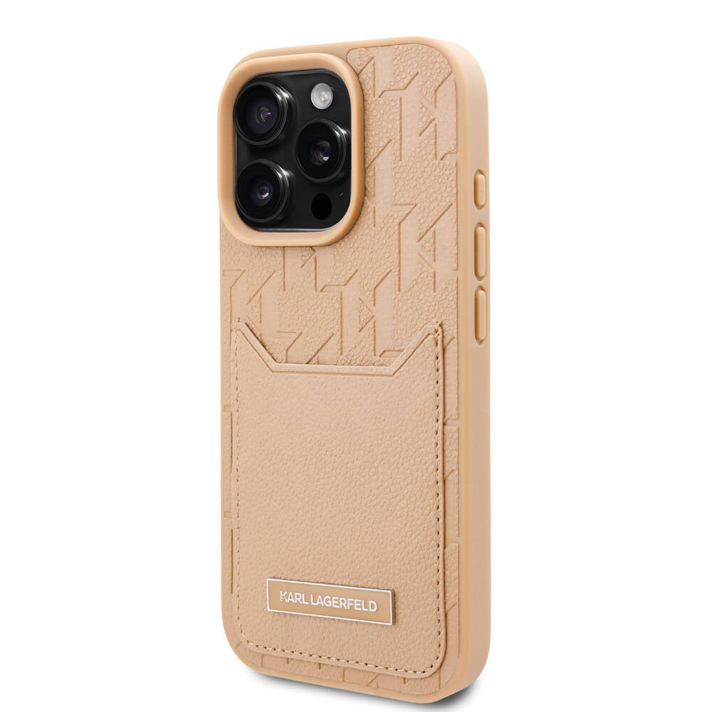 Apple iPhone 16 Pro Kılıf Karl Lagerfeld Orjinal Lisanslı KL Desenli Kartlıklı Monogram Kapak Kahverengi